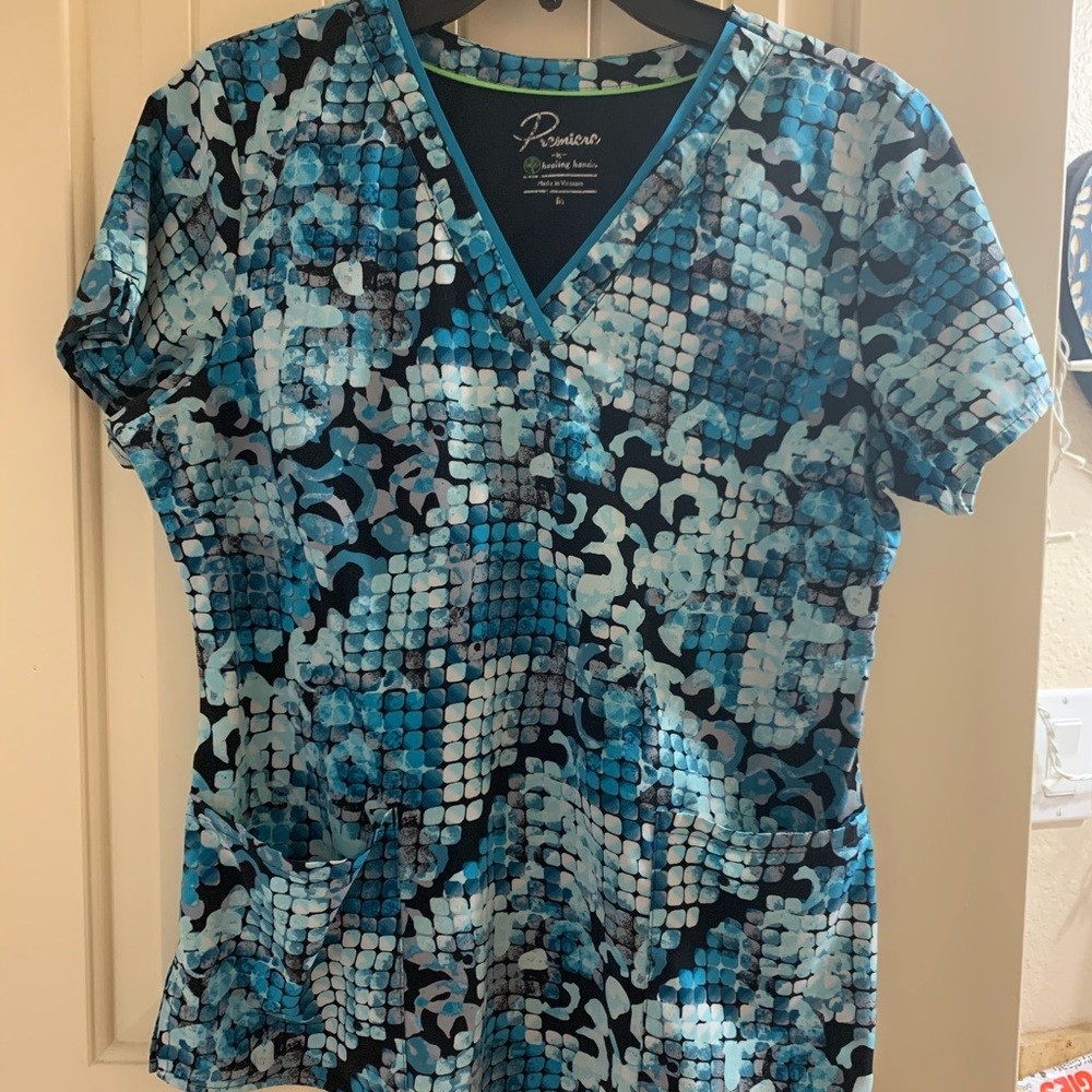 Premiere Healing Hands Blue Pattern Scrub Top
